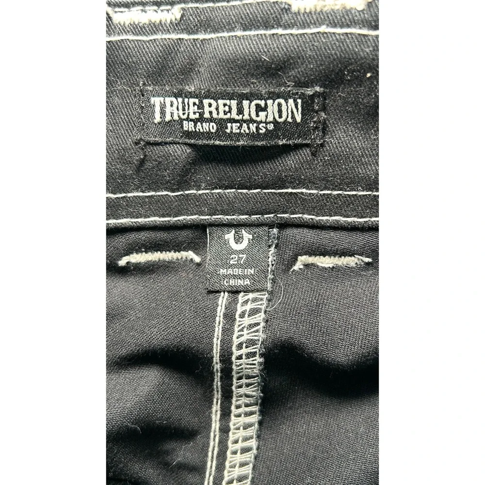 True Religion Men's 27 Black Cargo Pants White Contrast Stitch Big T Military SN